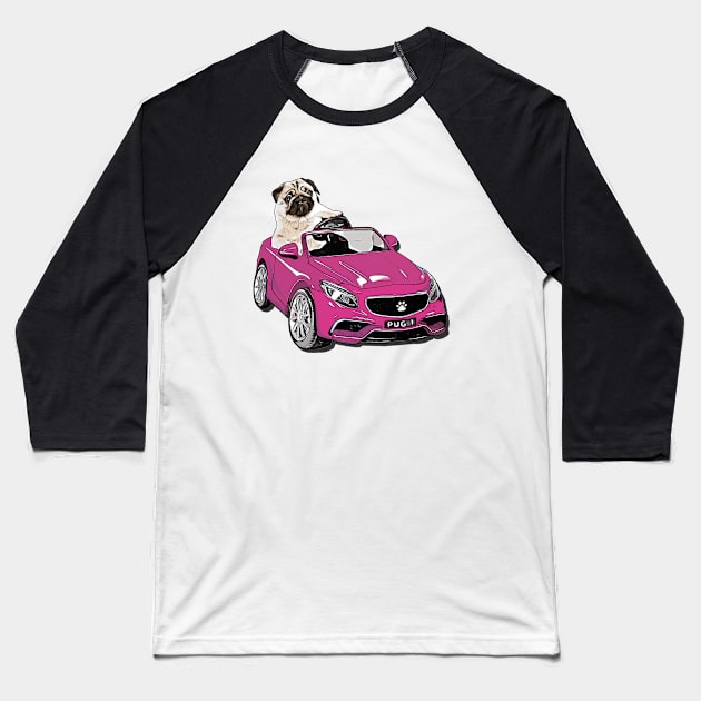 Pug Racer - Pug Driving Car Baseball T-Shirt by CreativeFlares